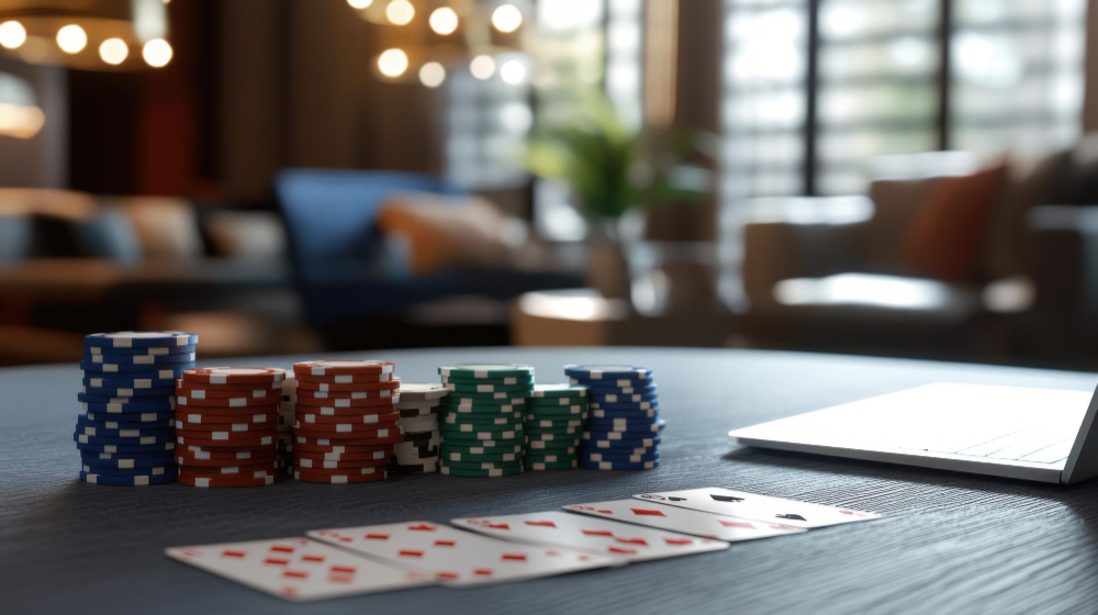 5 playing cards spread on a table with different colored playing chips behind them